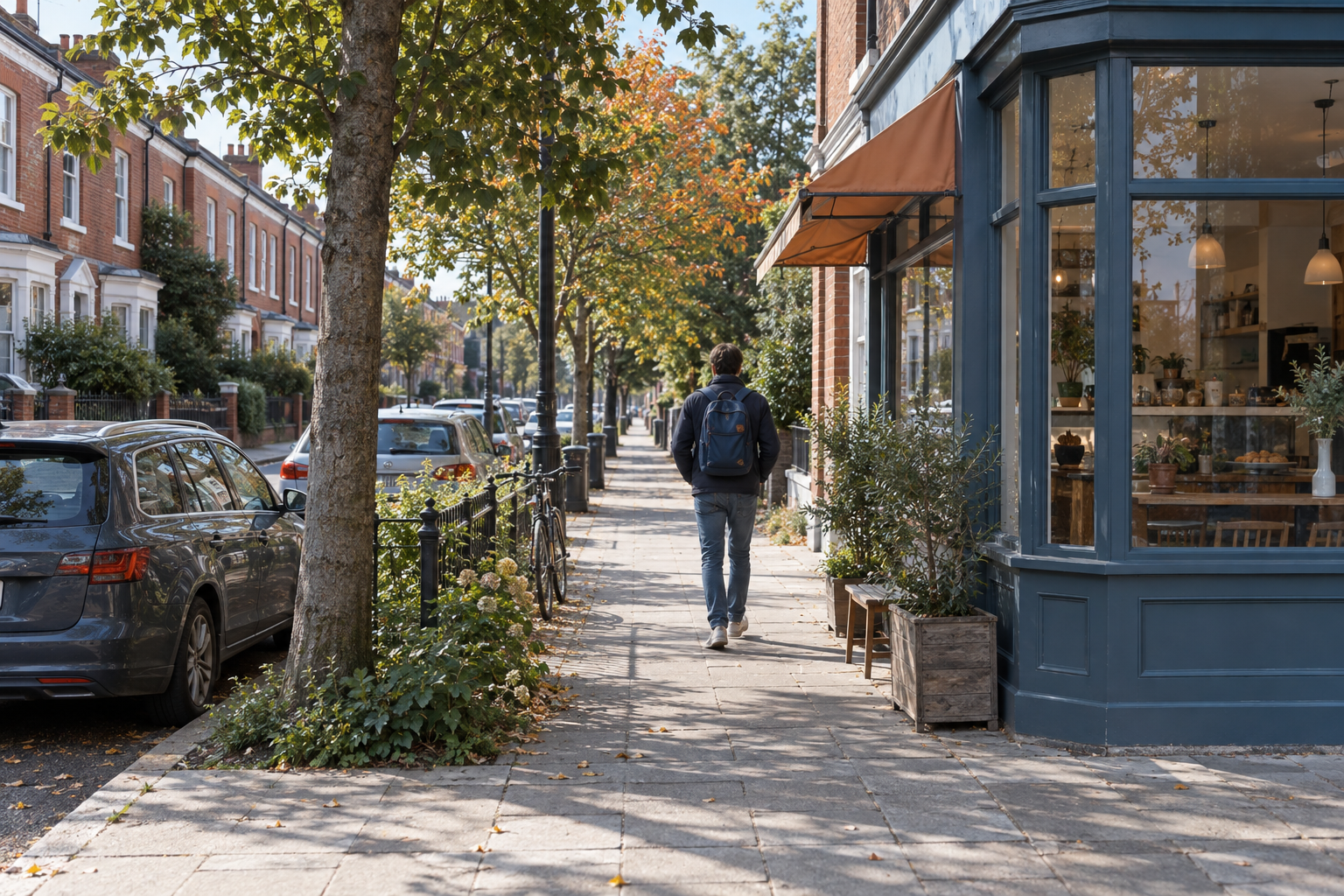 A person with a backpack walking along a tree-lined neighborhood sidewalk
