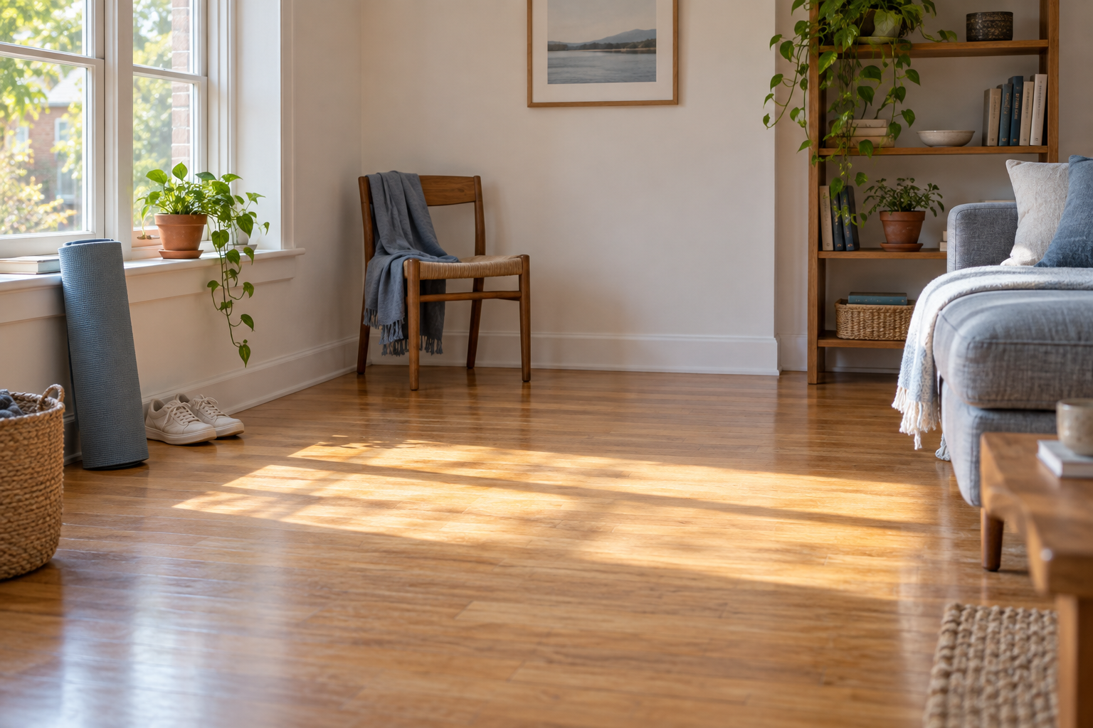 A clear floor space in a sunny living room, with shoes and a rolled mat