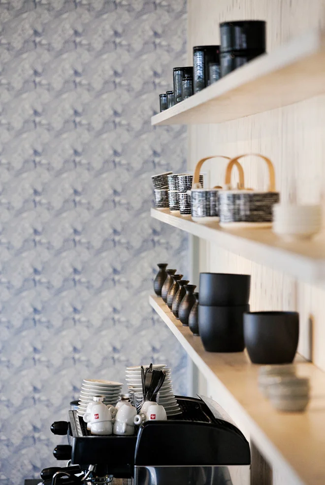 Black Kitchen Accessories And Wooden Shelves