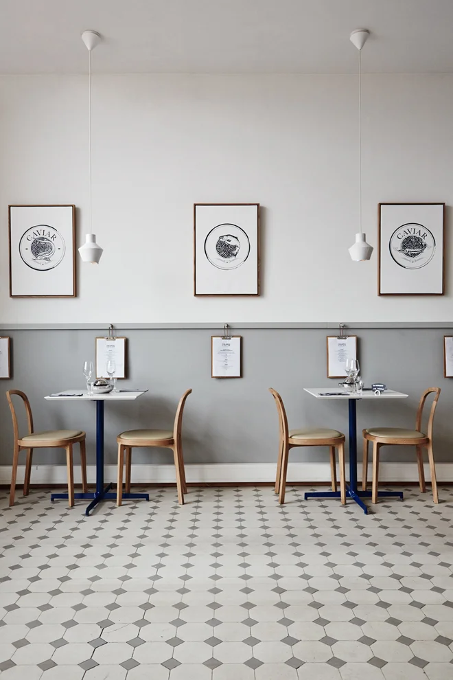 Bright Interior Design With Pattern Tiles Flooring Finlandia Caviar Shop and Restaurant