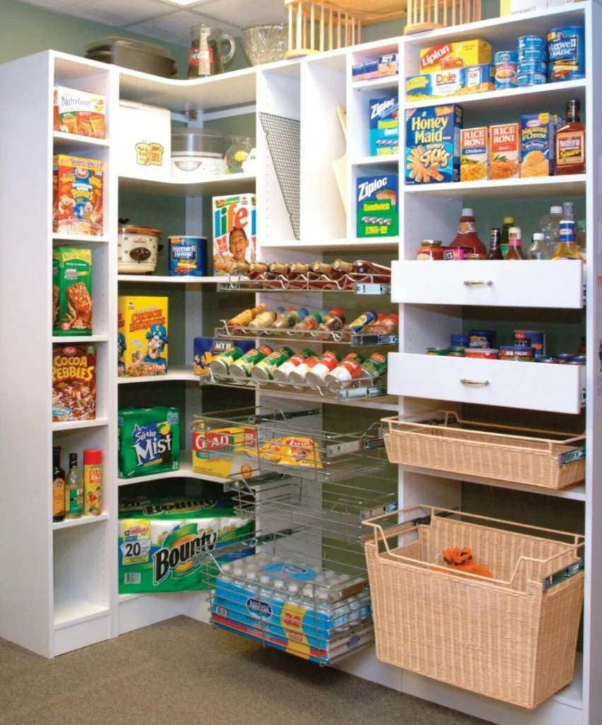 two rattan basket wire shelves with kitchen pantry organization