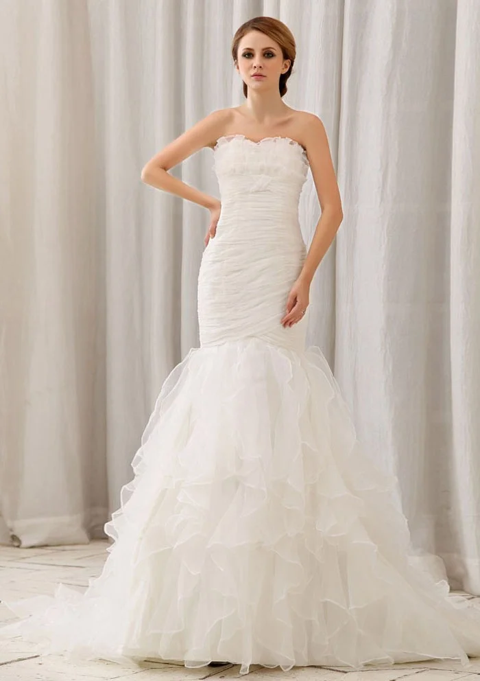 Cheap Mermaid Strapless Chapel Train White Organza Wedding Dresses For Brides