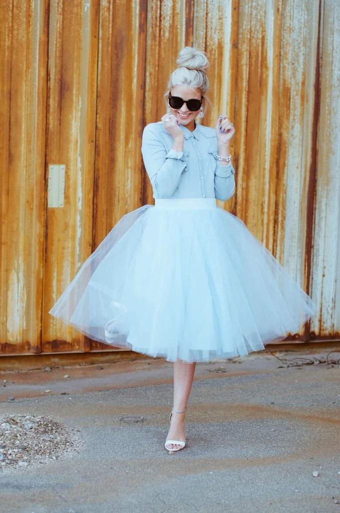 denim shirt from HandM a tulle skirt from Windsor and shoes from Shoemint
