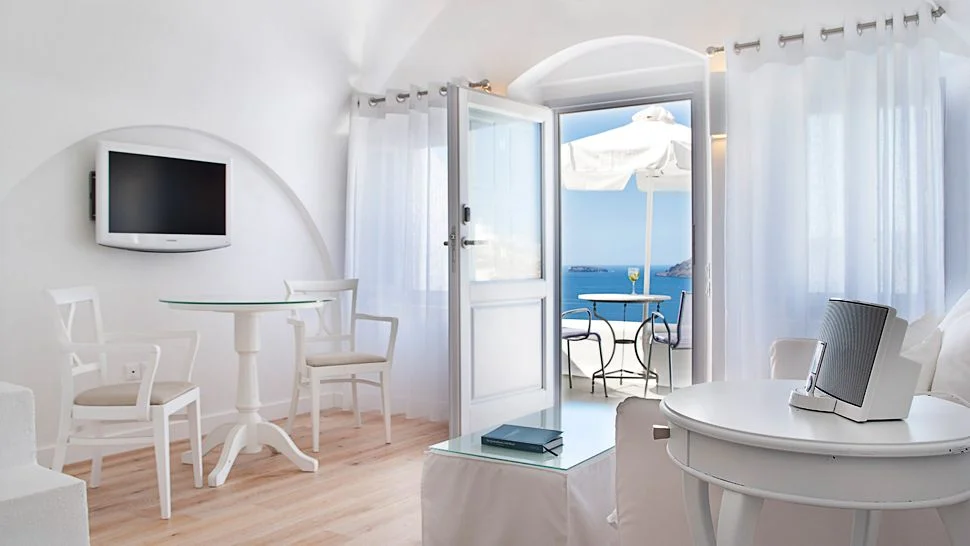guestroom living balcony views Katikies hotel santorini