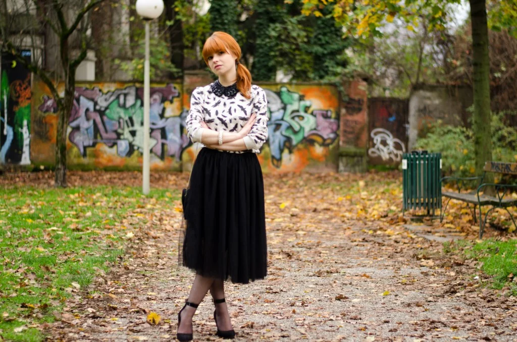 the bug print sweater and tulle skirts