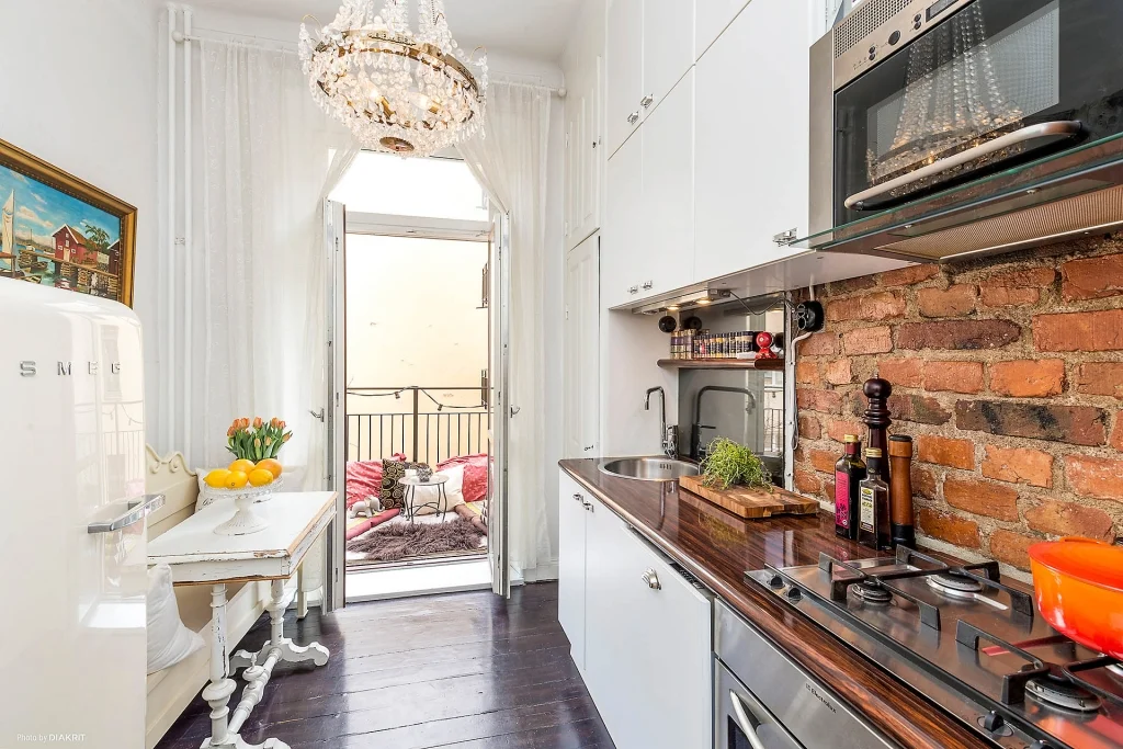 brick wall kitchen soft industrial chic feel in apartment