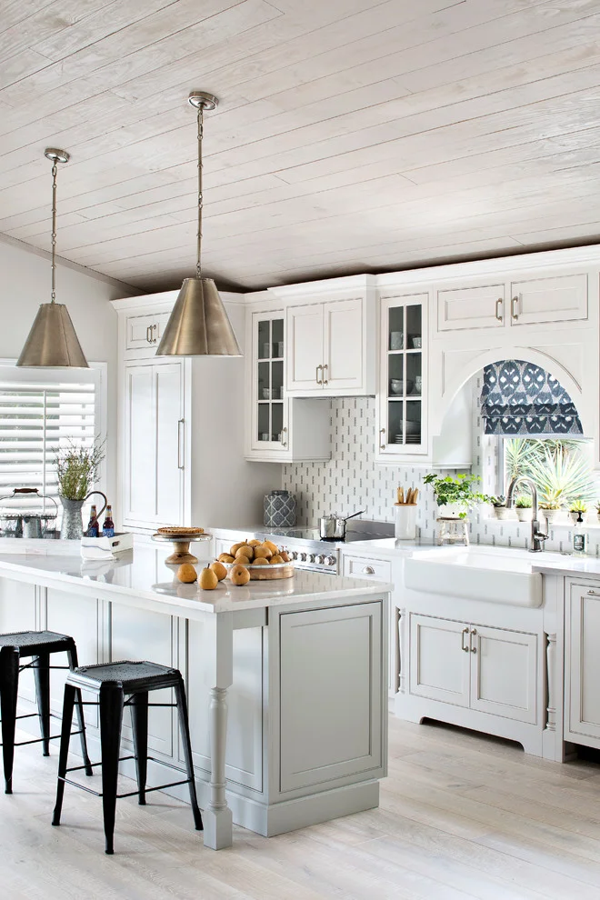 Coastal Cottage with Whitewashed Ceiling in kitchen