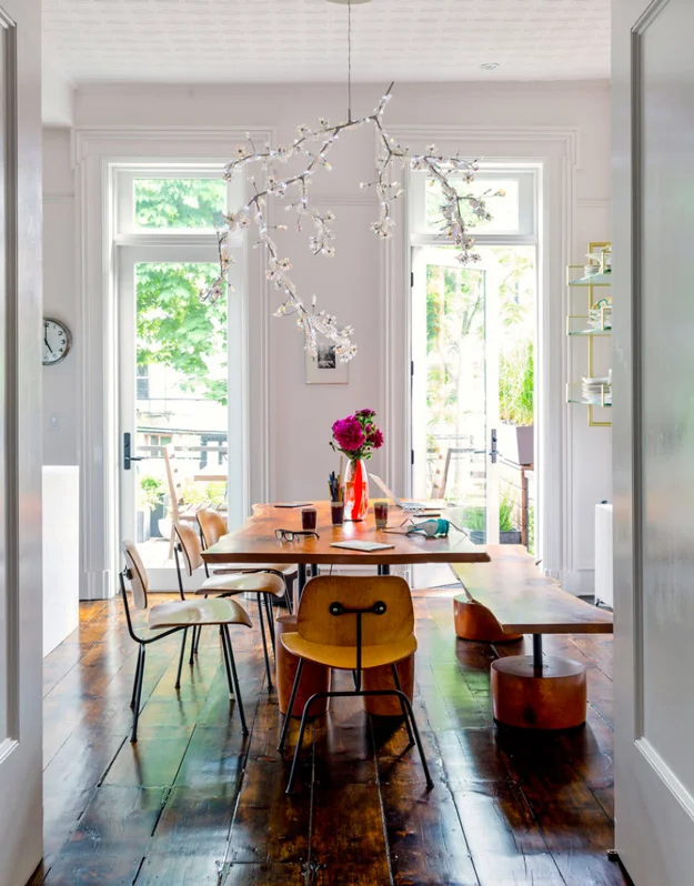 DCM Chairs With long wooden dining bench
