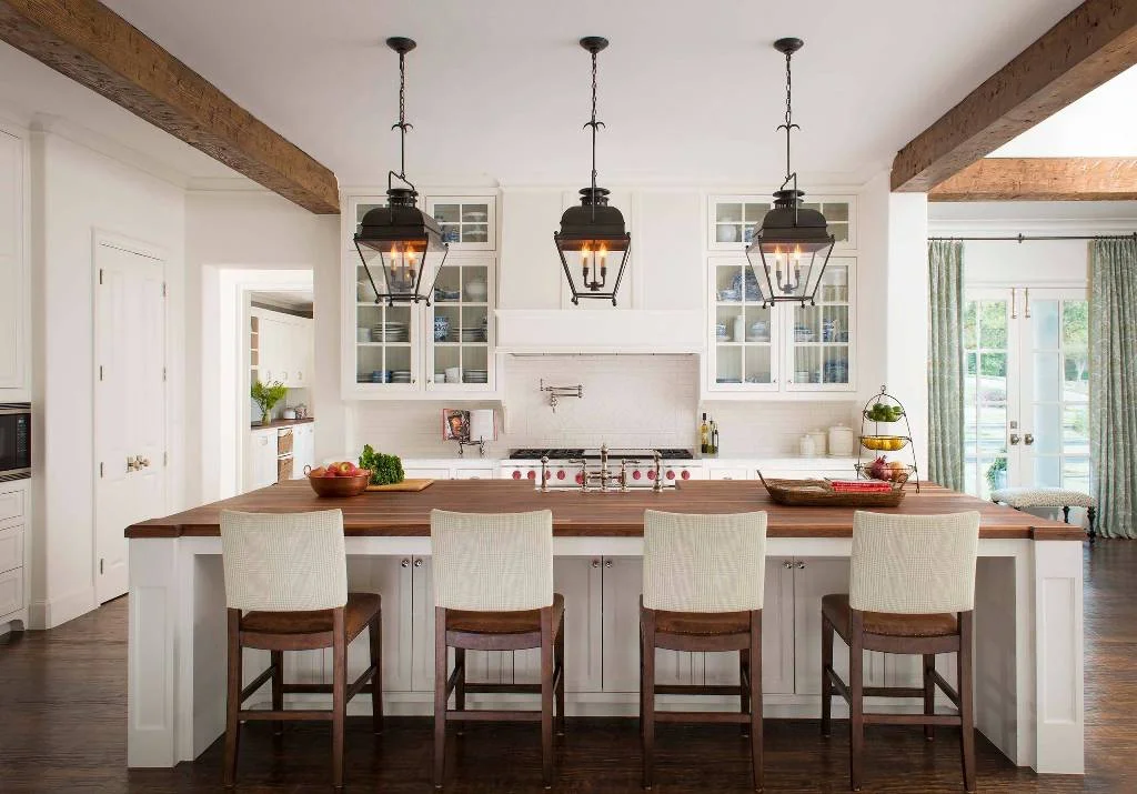 Kitchen with Wooden dining table hanging lamp