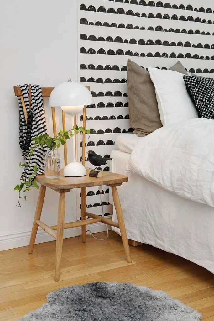 headboard with wallpaper scandinavian bedroom