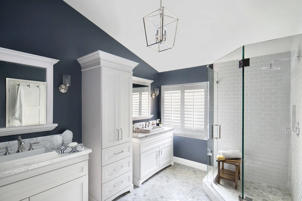 navy white bathroom