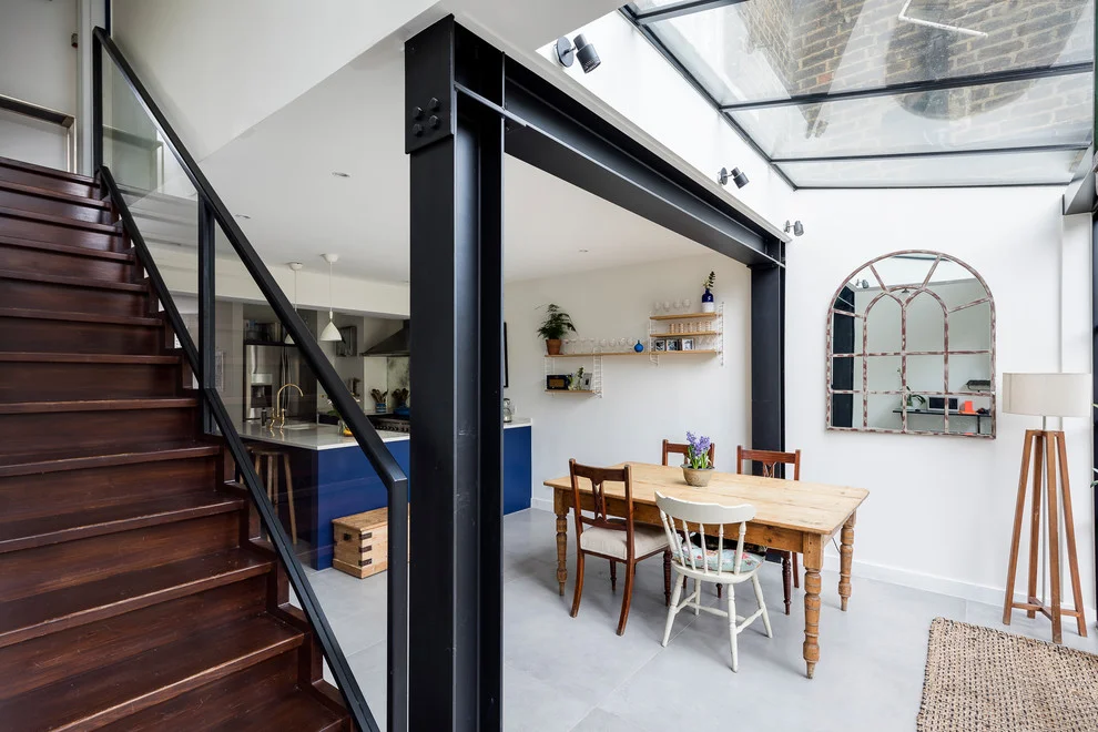 Natural Light Glass Roof in Kitchen With Stylishly Exposed Steel Beams