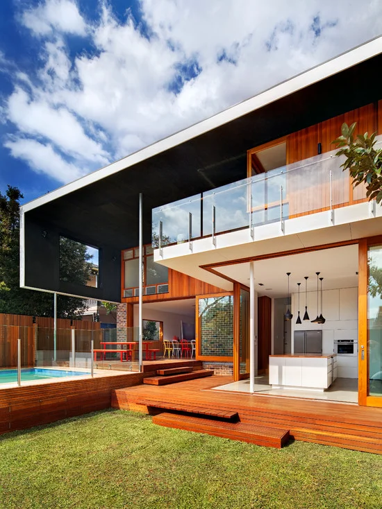 Frameless Glass Balcony Wood Exterior