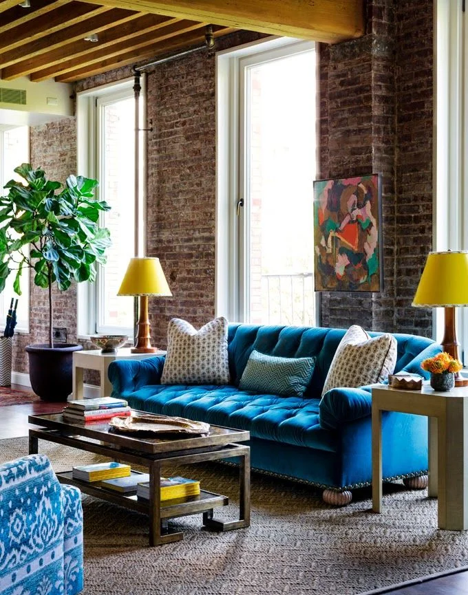 High Ceiling Brick Wall Living Room