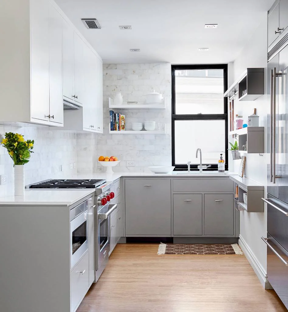 Light Wood Floor With Grey Cabinets Kitchen