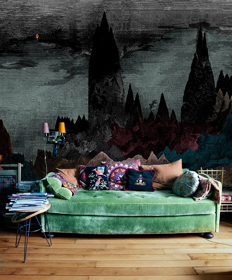 Panoramic Mountain Wall Decor Behind Green Sofa