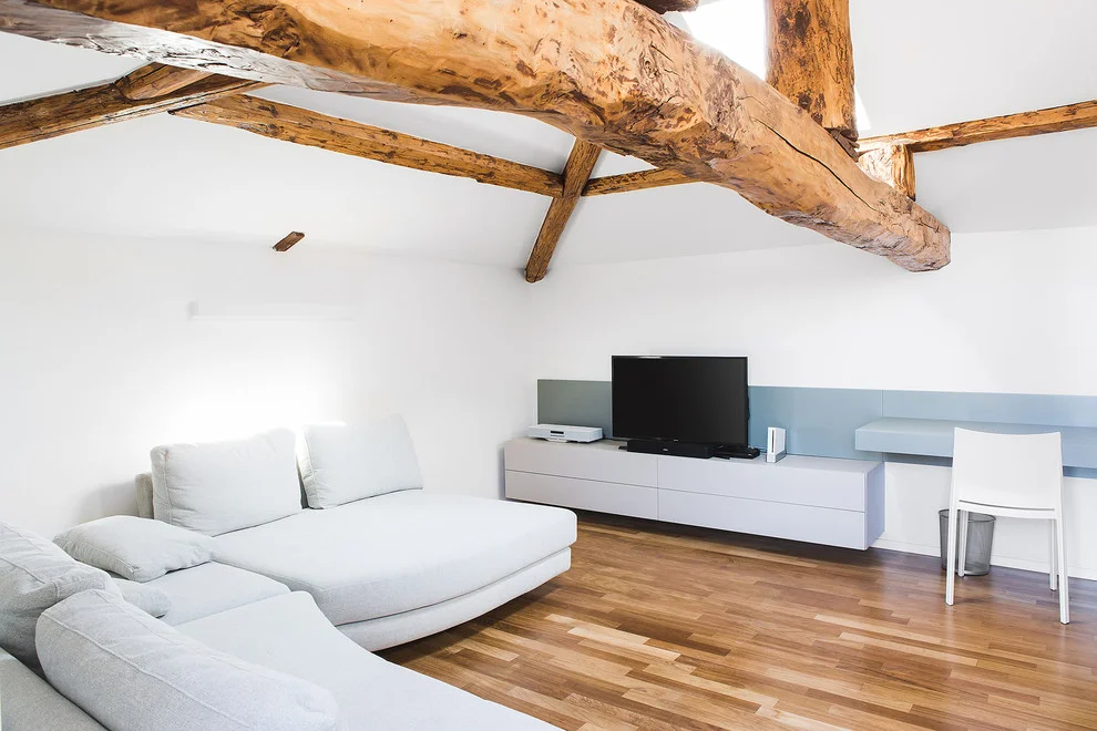 Rustic White Entertainment Room Ceiling Design with Wood