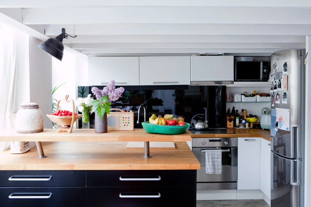 Small Kitchen White Cabinets Wood Countertop Black Drawer