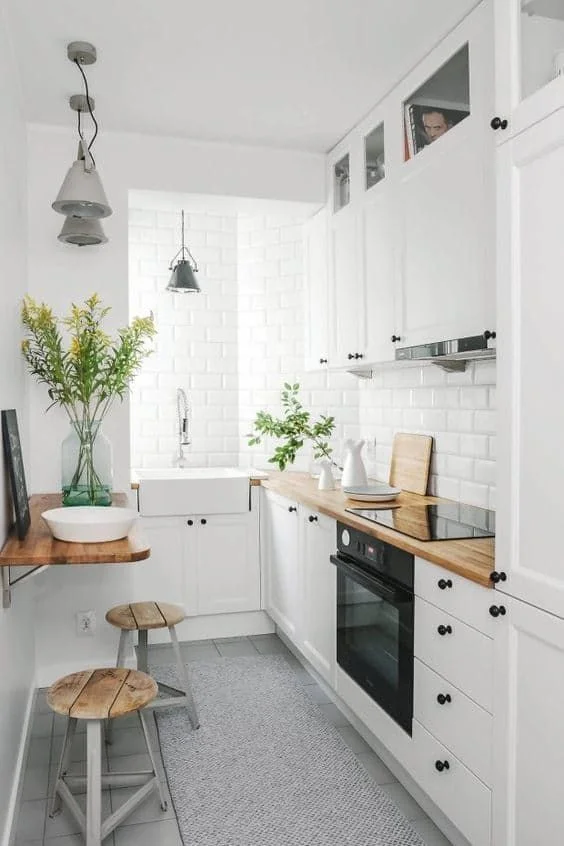 White Brick Wall Small Kitchen Design