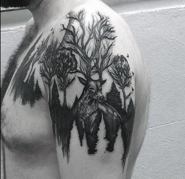 Deer in Forest Mens Negative Space Upper Arm Tattoo