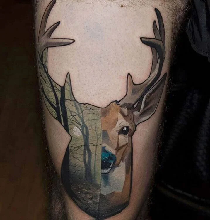 Old School Colored Deer Tattoo Stylized With Dark Forest