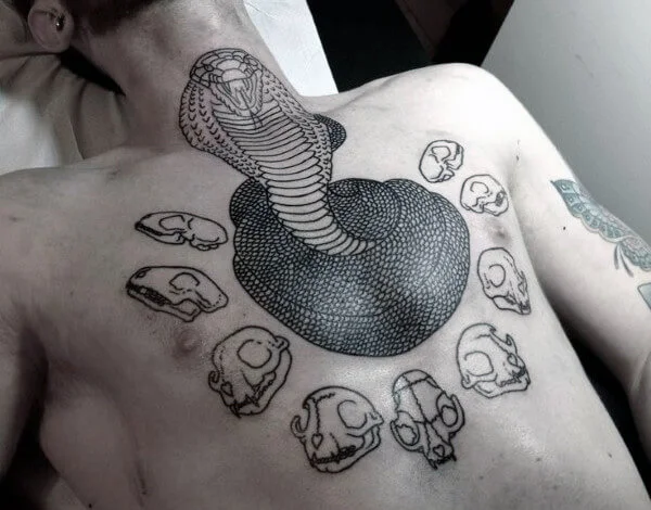 Chest 3D Snake Mens Tattoos with Skull