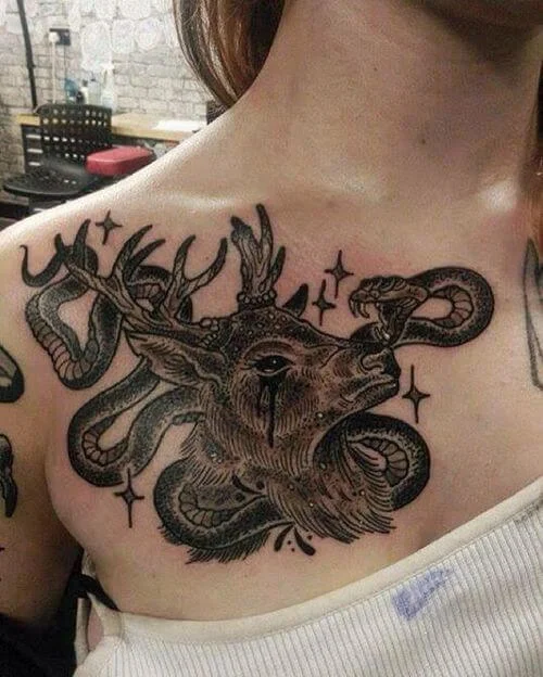 Dark Colored Snake Mighty Deer Dotwork Style