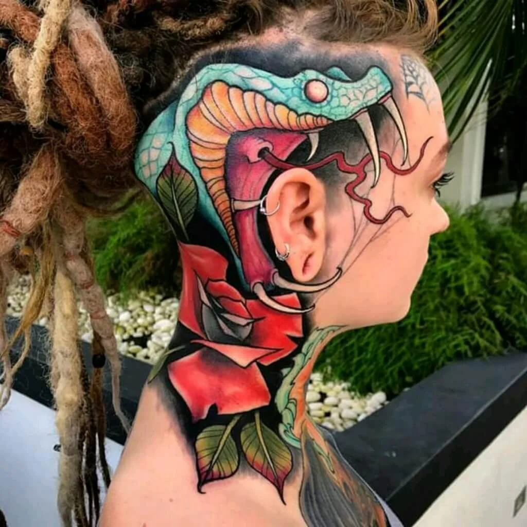 Emo Girls Snake Color Tattoo With Peony