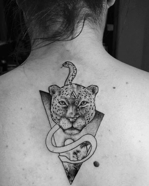 Geometric Dotwork Styles Illustrated Jaguar Snake on Womans Back