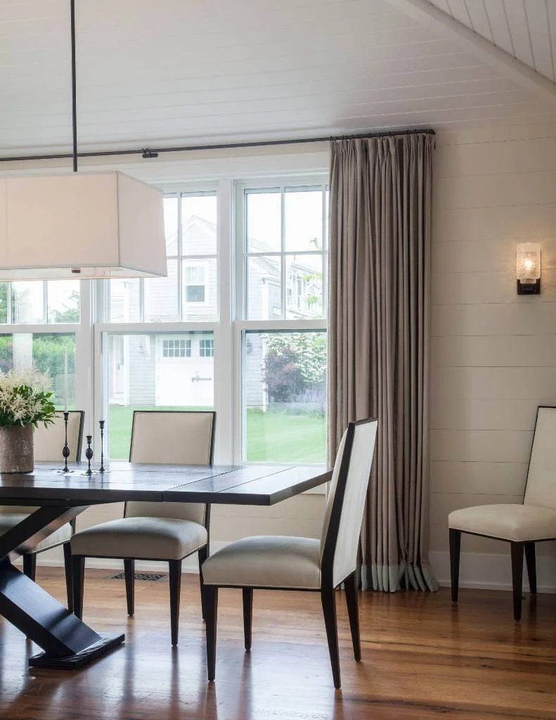 Light Brown Curtains Large Beach Style Dining Room