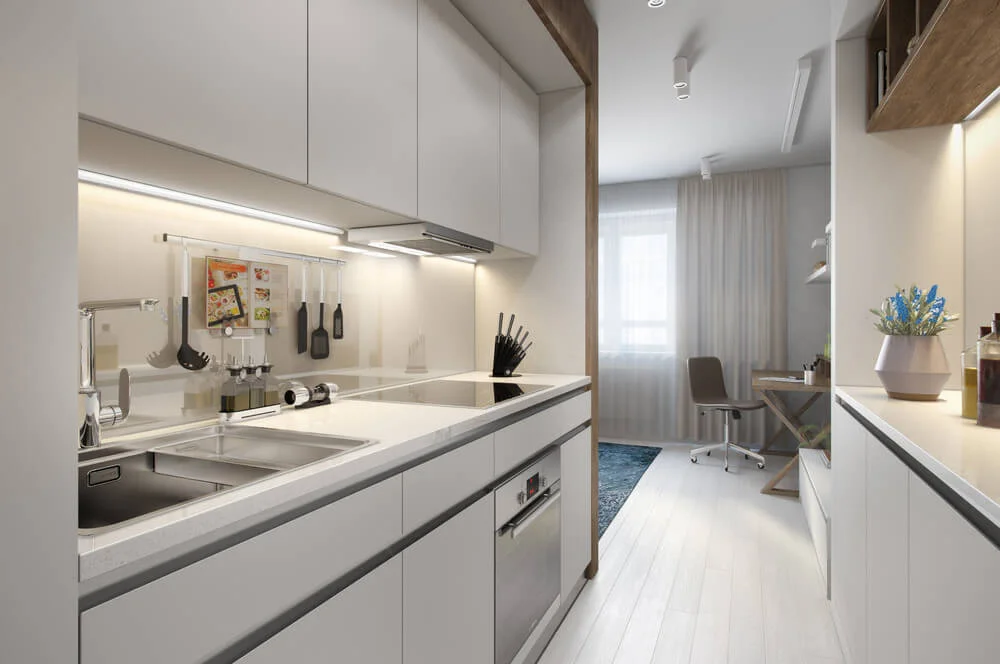 white and grey galley kitchen
