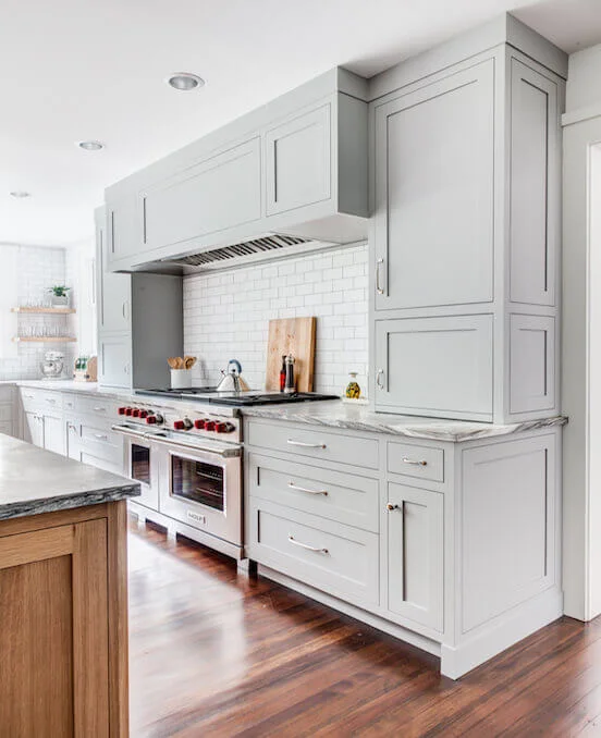 Grey Kitchen Cabinets with White Wall Tiles