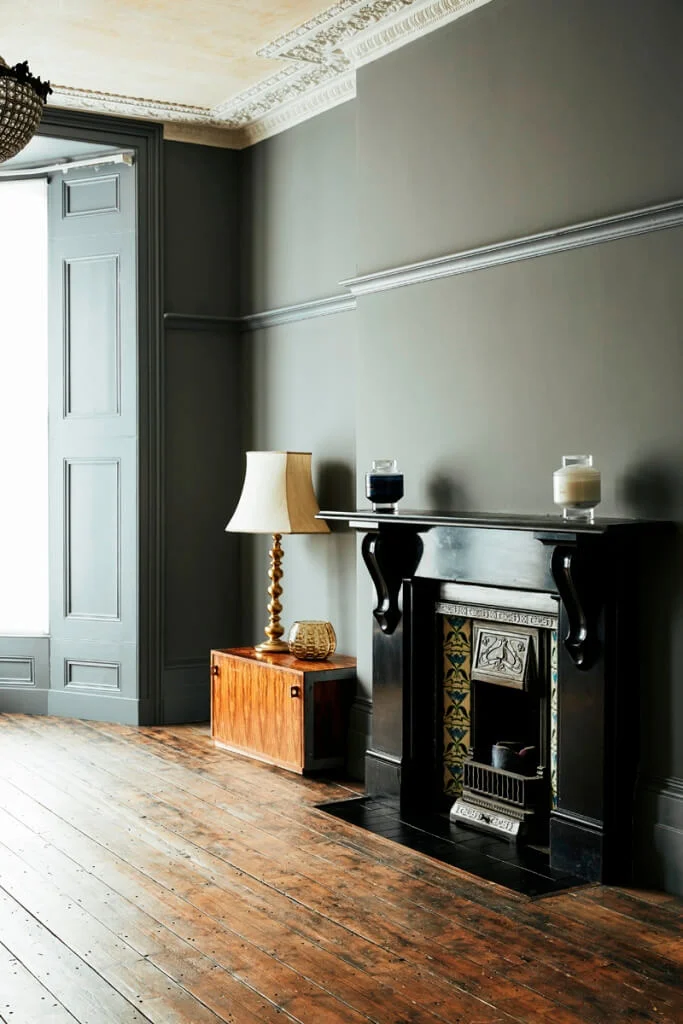 Reception room dark fireplace