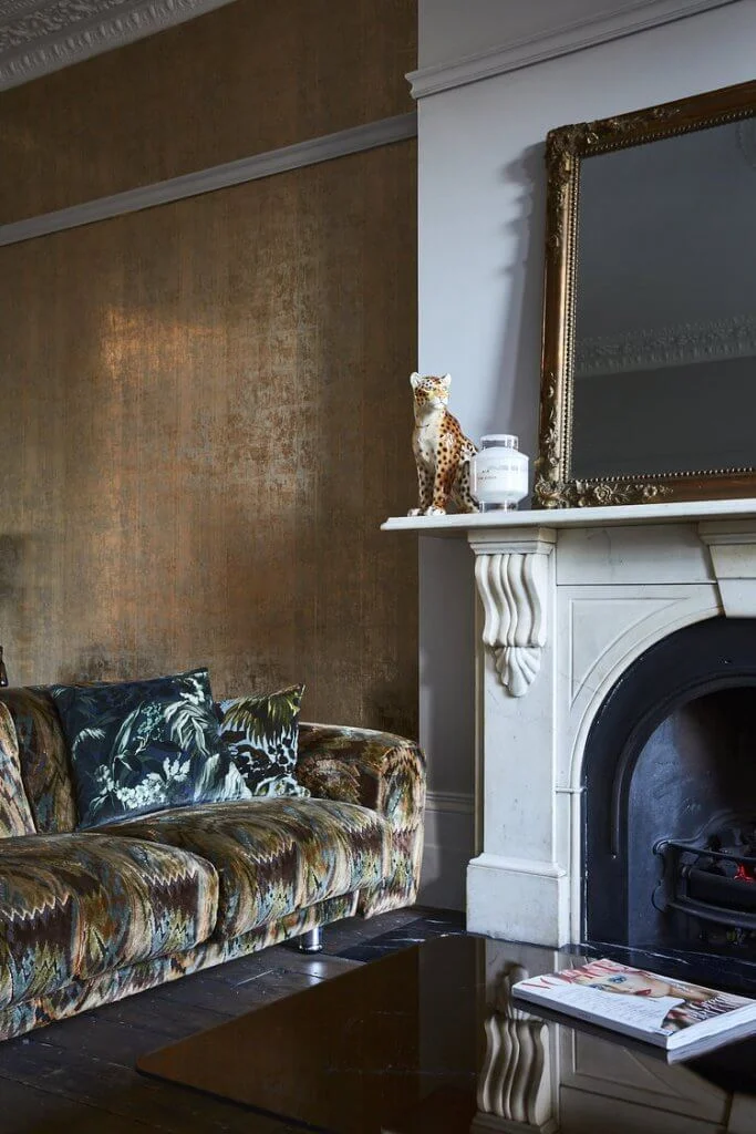 Reception room light fireplace mirror