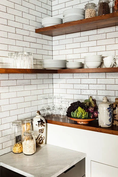 open walnut shelves kitchen