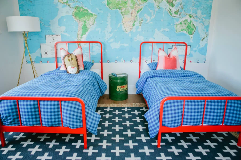 red bedframe and green drum