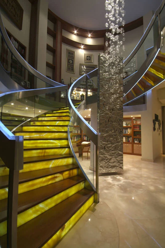 Wooden Stairs Yellow Riser Lights
