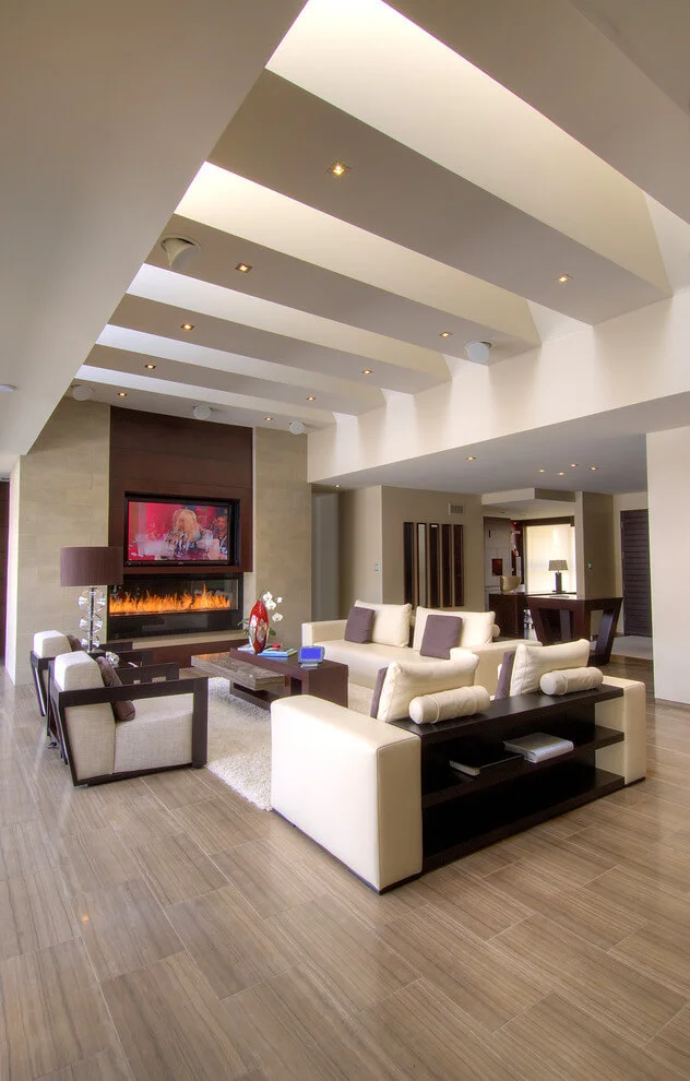 white and wood contemporary living room