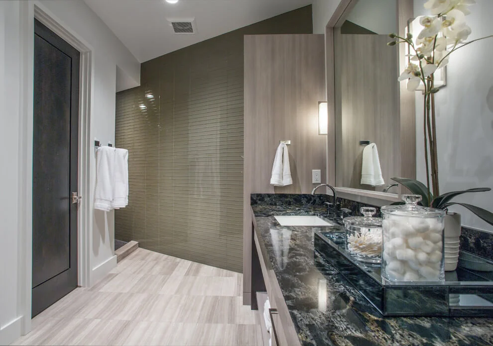 wooden flooring black marble vanity