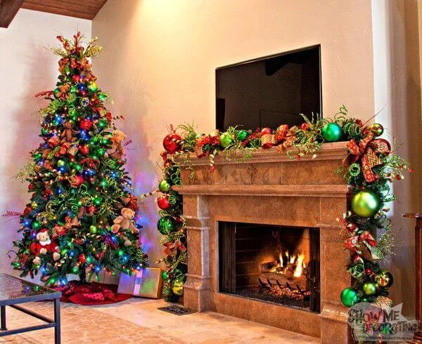 Traditional Fireplace Colorful Christmas Decor