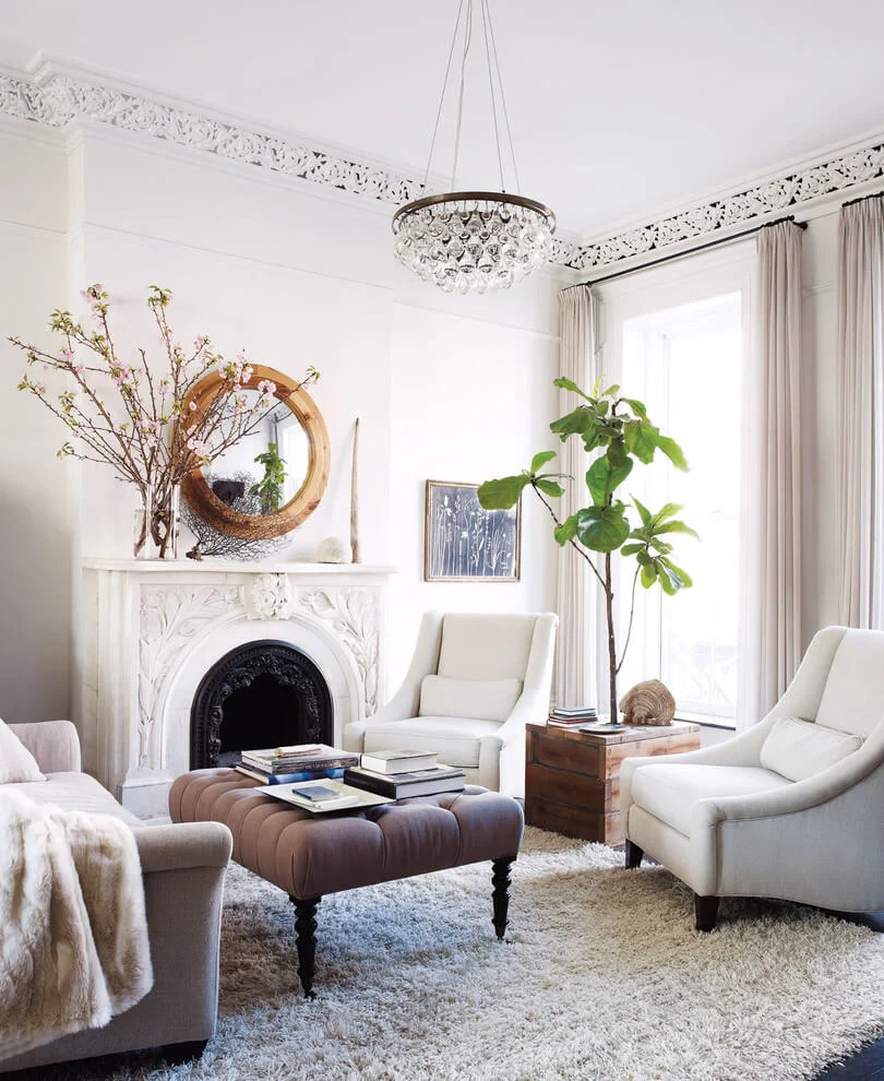 White Theme Victorian Living Room