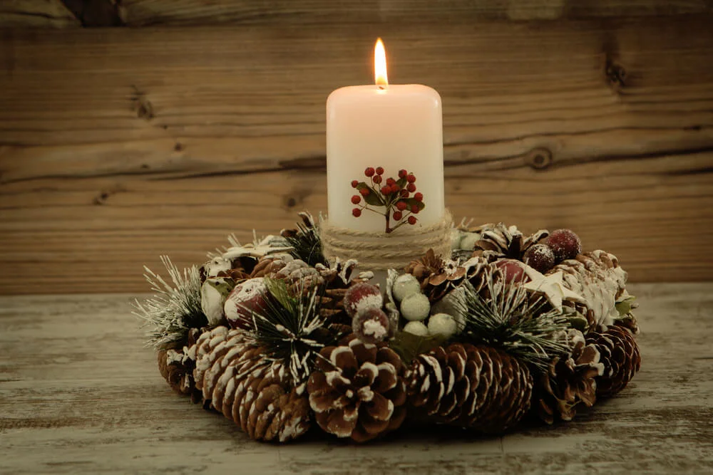 Rustic Candle And Pine Cones Centerpiece
