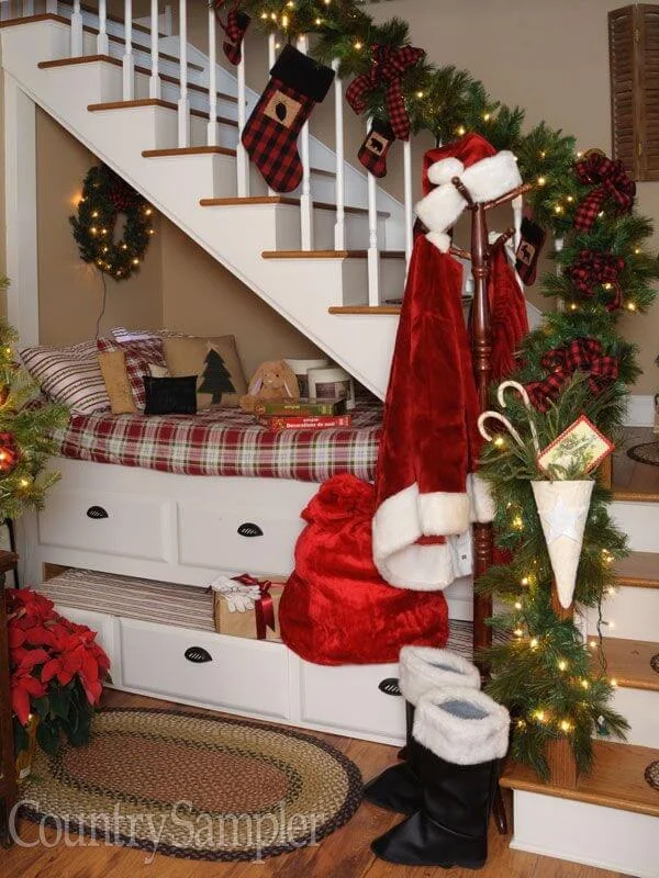 Staircase Christmas Decor With Plaid