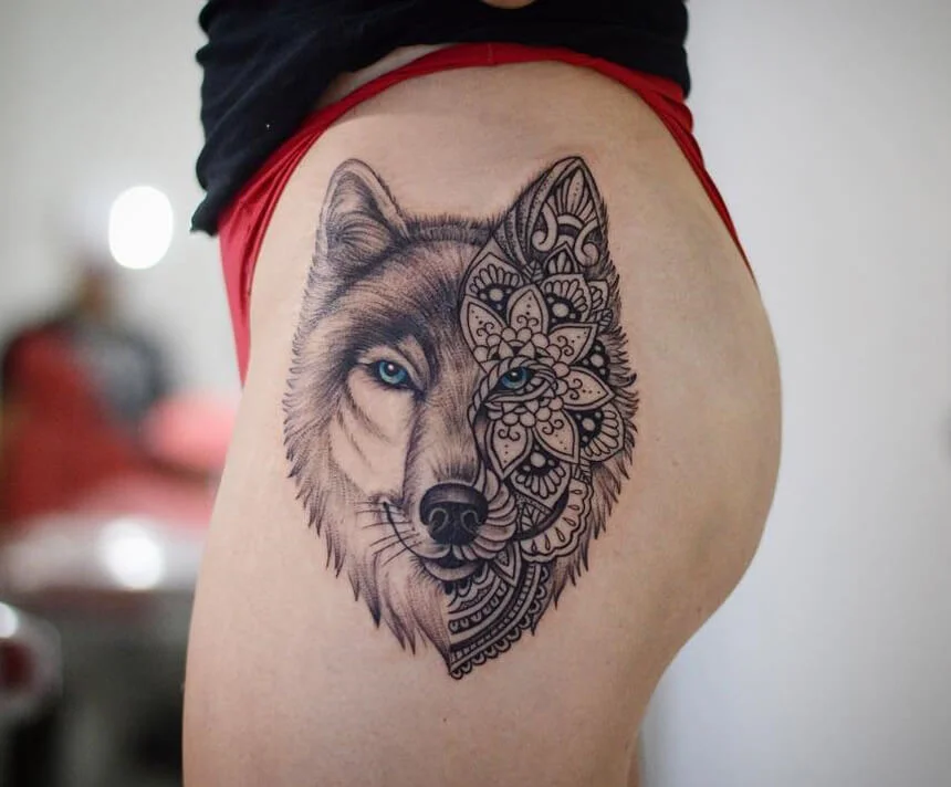 Flowers And Wolf Tattoo