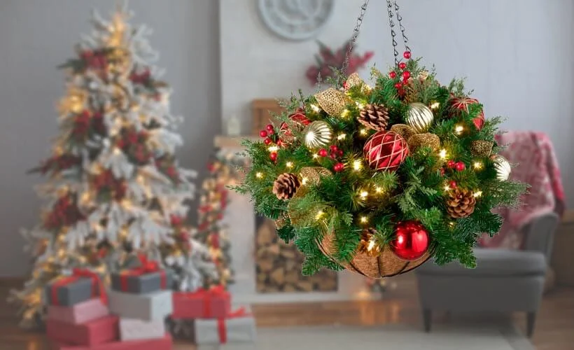 Ornaments And Greenery Hanging Baskets