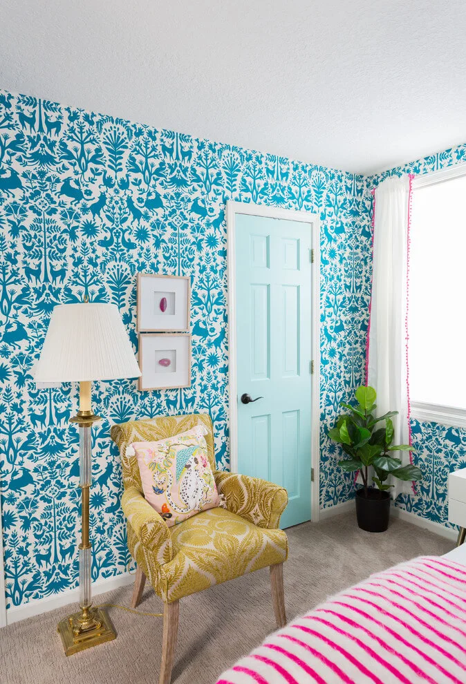 Eclectic Bedroom With Turquoise Wallpaper