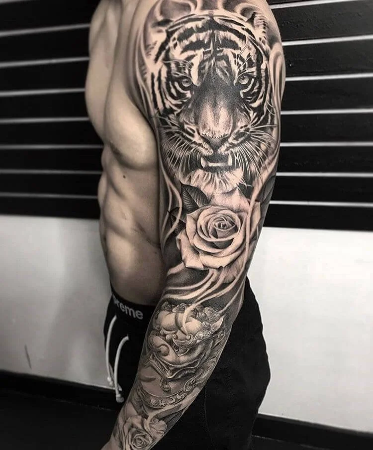 Full Sleeve Tiger and Roses Ink