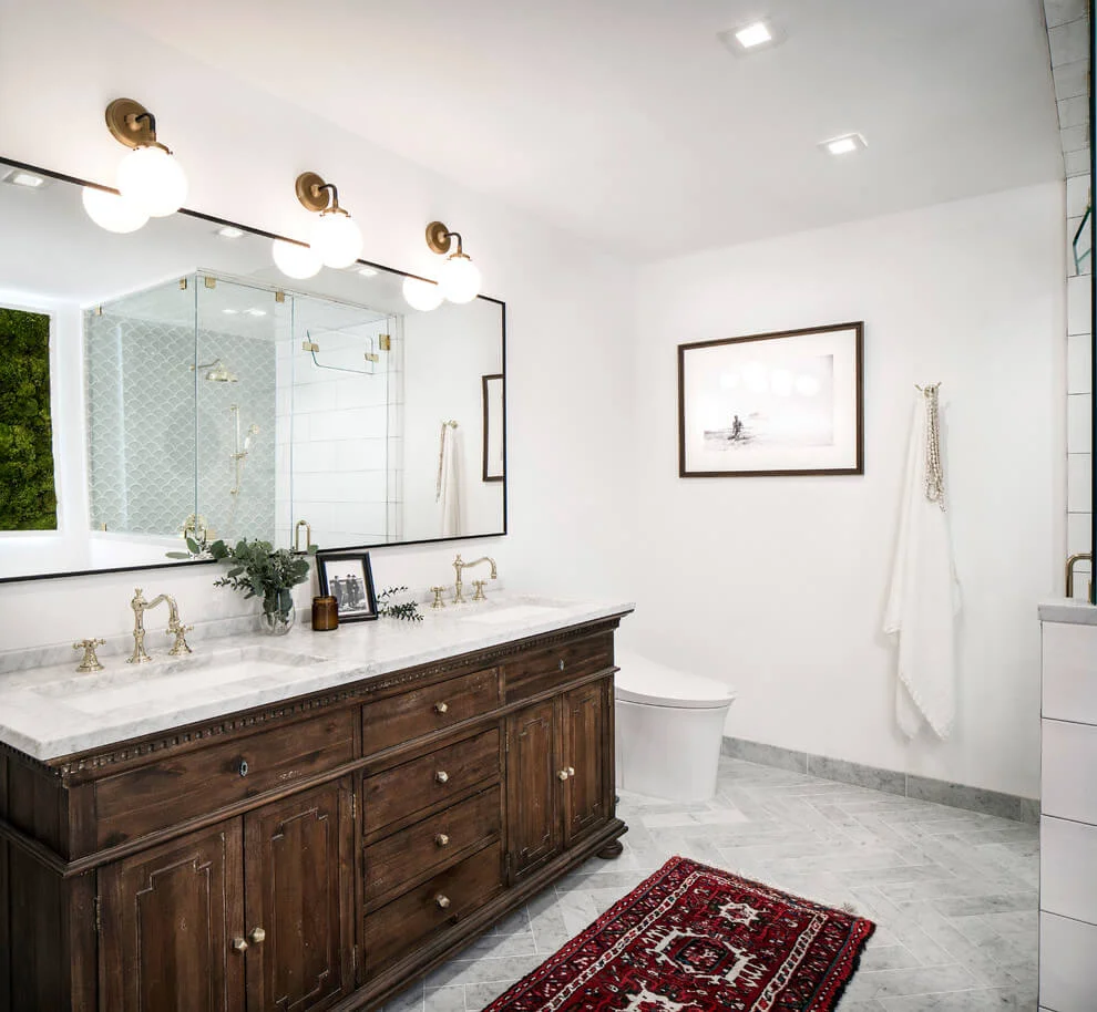 Eclectic Bathroom Design With Antique Vanity