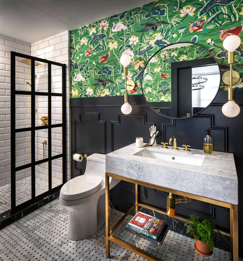 Pretty Wallpaper In Eclectic Bathroom Design