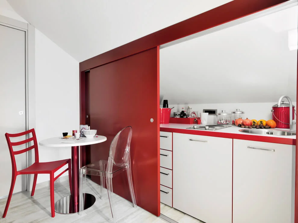 Small Space Contemporary Red Kitchen